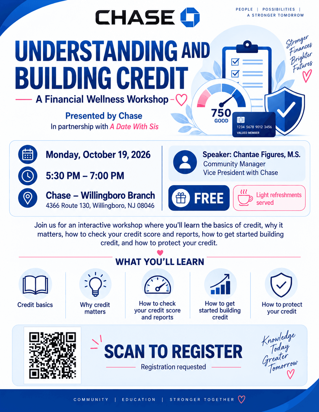 Understanding and Building Credit workshop flyer: free, October 19, 2026, 5:30–7:00 PM Eastern, at Chase Willingboro Branch.