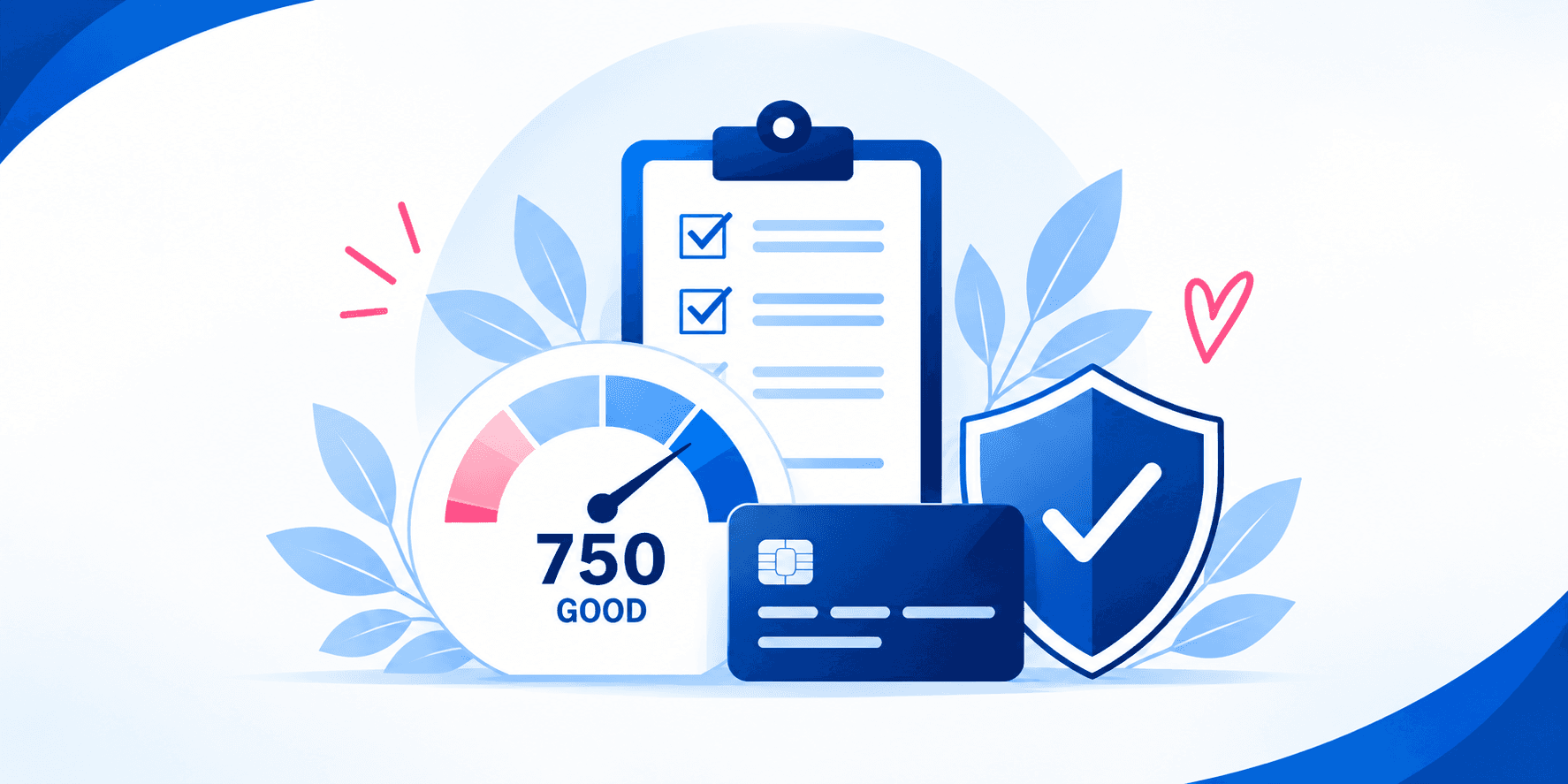 Blue credit score dial, clipboard, credit card, and protective shield illustration